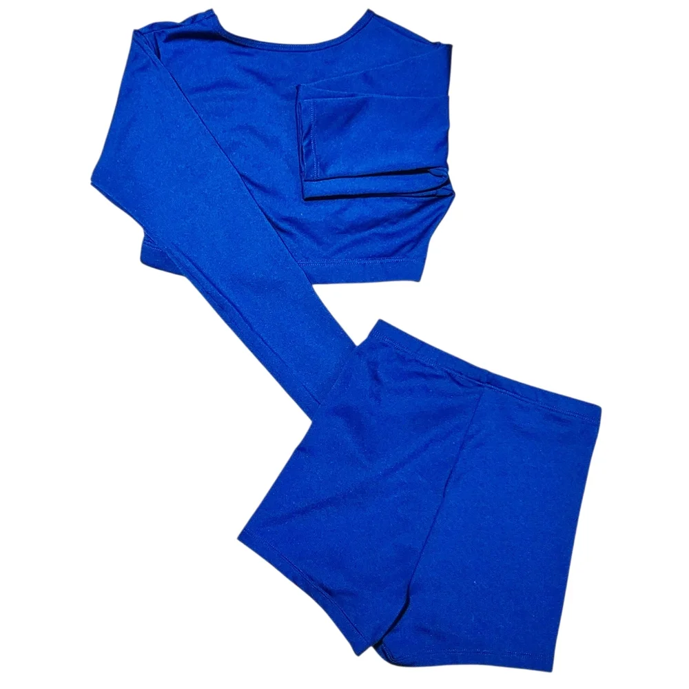 Varsity Spirit Cheer Dance Royal Blue Long Sleeve V Neck Crop Top & Dance Shorts